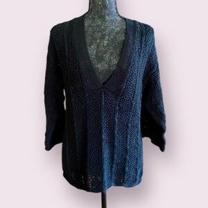 Chico’s Open-Stitch Pullover Low V-Neck Sweater in Black